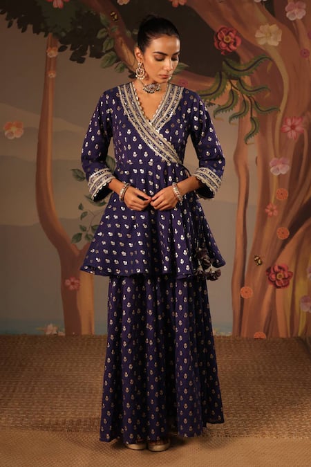 Buy_Nero India_Blue Chanderi, Brocade Embroidery V-neck Angrakha Sharara Set _Online_at_Aza_Fashions