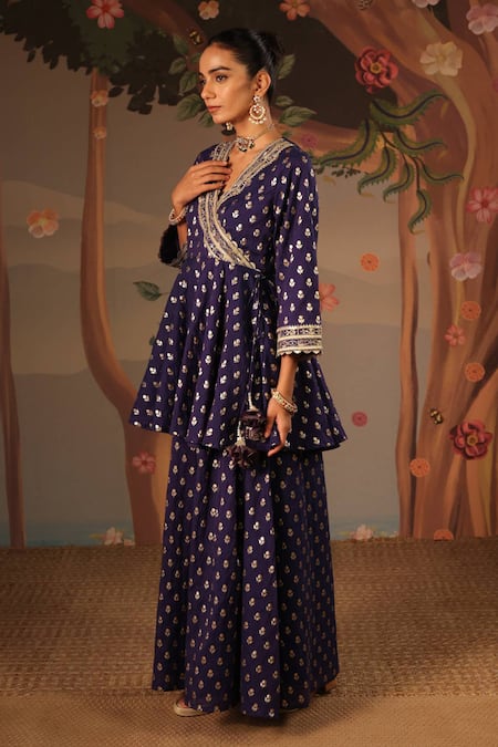 Shop_Nero India_Blue Chanderi, Brocade Embroidery V-neck Angrakha Sharara Set _Online_at_Aza_Fashions
