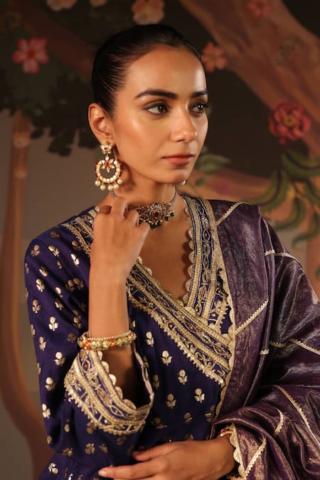Nero India_Blue Chanderi, Brocade Embroidery V-neck Angrakha Sharara Set _at_Aza_Fashions