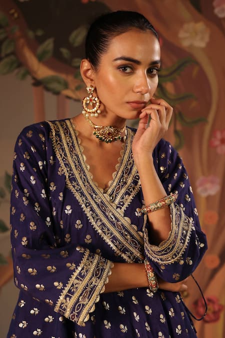 Shop_Nero India_Blue Chanderi, Brocade Embroidery V-neck Angrakha Sharara Set 