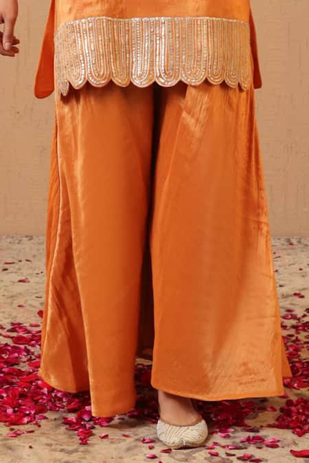 Buy_Nero India_Orange Tissue Gota Patti, Embroidery Scallop Charm Short Kurta Sharara Set _Online_at_Aza_Fashions