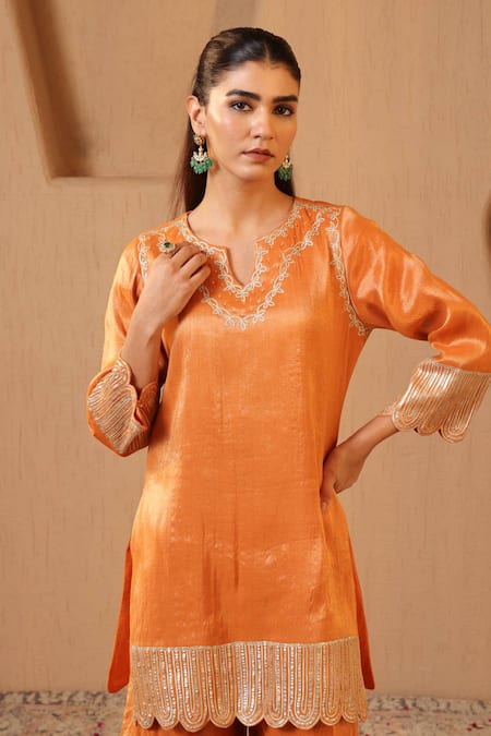 Shop_Nero India_Orange Tissue Gota Patti, Embroidery Scallop Charm Short Kurta Sharara Set _Online_at_Aza_Fashions