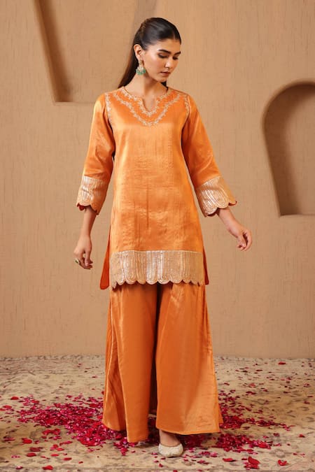Nero India_Orange Tissue Gota Patti, Embroidery Scallop Charm Short Kurta Sharara Set _at_Aza_Fashions
