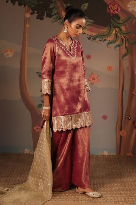 Buy_Nero India_Purple Tissue Gota Patti, Embroidery Split Scallop Charm Kurta And Sharara Set _Online_at_Aza_Fashions