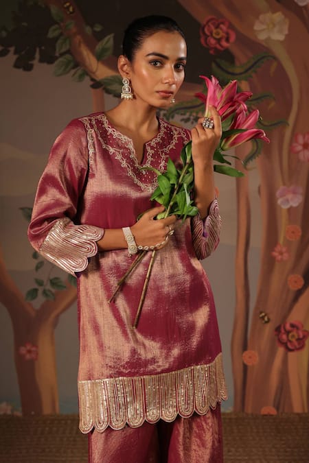 Shop_Nero India_Purple Tissue Gota Patti, Embroidery Split Scallop Charm Kurta And Sharara Set _Online_at_Aza_Fashions