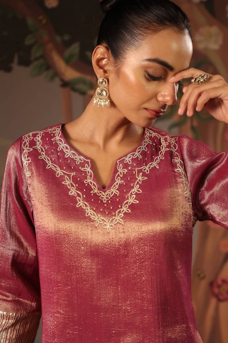 Nero India_Purple Tissue Gota Patti, Embroidery Split Scallop Charm Kurta And Sharara Set _at_Aza_Fashions