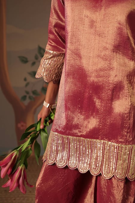 Buy_Nero India_Purple Tissue Gota Patti, Embroidery Split Scallop Charm Kurta And Sharara Set 