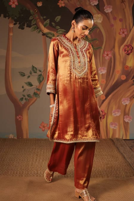 Buy_Nero India_Orange Tissue Zari, Applique, Embroidery Mandarin Collar, Split Kurta And Pants _Online_at_Aza_Fashions