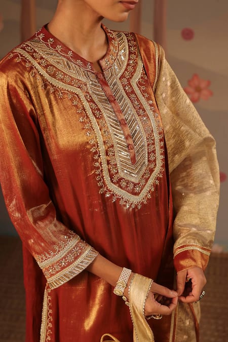 Shop_Nero India_Orange Tissue Zari, Applique, Embroidery Mandarin Collar, Split Kurta And Pants 
