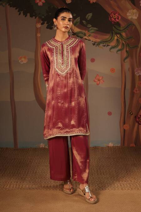 Buy_Nero India_Purple Tissue Zari, Embroidery Mandarin Collar, Applique Kurta And Palazzo Set _Online_at_Aza_Fashions