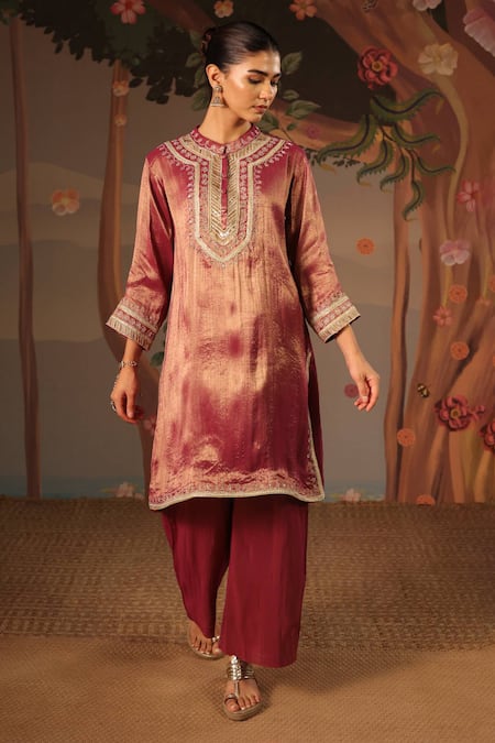 Shop_Nero India_Purple Tissue Zari, Embroidery Mandarin Collar, Applique Kurta And Palazzo Set _Online_at_Aza_Fashions