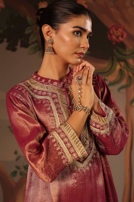 Nero India_Purple Tissue Zari, Embroidery Mandarin Collar, Applique Kurta And Palazzo Set _at_Aza_Fashions