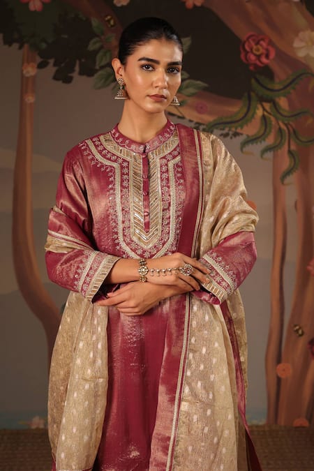 Buy_Nero India_Purple Tissue Zari, Embroidery Mandarin Collar, Applique Kurta And Palazzo Set 