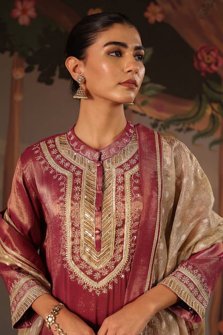 Shop_Nero India_Purple Tissue Zari, Embroidery Mandarin Collar, Applique Kurta And Palazzo Set 