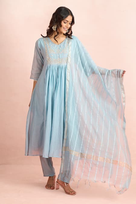 Buy Samyukta Singhania Blue Embroidery, Sequins, Metallic Thread V-neck Yoke Kurta Set Online at Aza Fashions Buy_Samyukta Singhania_Blue Embroidery, Sequins, Metallic Thread V-neck Yoke Kurta Set _Online_at_Aza_Fashions