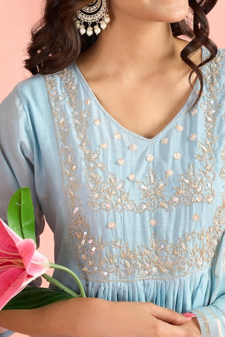 Shop Samyukta Singhania Blue Embroidery, Sequins, Metallic Thread V-neck Yoke Kurta Set Online at Aza Fashions Shop_Samyukta Singhania_Blue Embroidery, Sequins, Metallic Thread V-neck Yoke Kurta Set _Online_at_Aza_Fashions