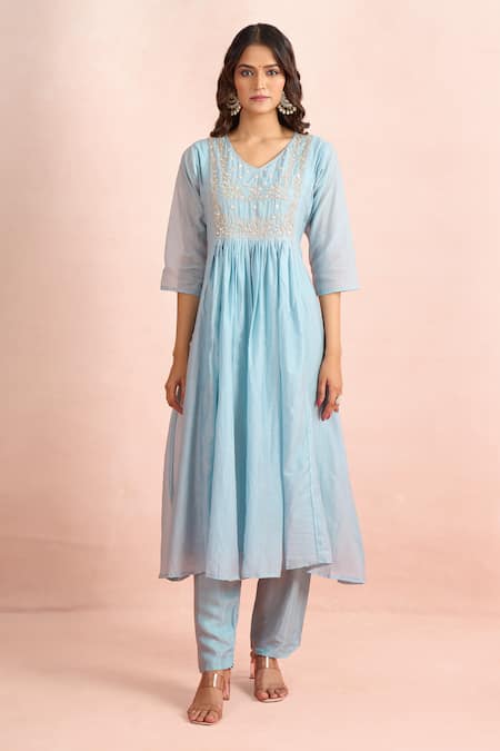 Samyukta Singhania Blue Embroidery, Sequins, Metallic Thread V-neck Yoke Kurta Set at Aza Fashions Samyukta Singhania_Blue Embroidery, Sequins, Metallic Thread V-neck Yoke Kurta Set _at_Aza_Fashions