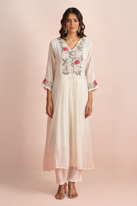 Buy Samyukta Singhania Ivory Embroidery, Tassels V-neck Floral Yoke Work Kurta Set Online at Aza Fashions Buy_Samyukta Singhania_Ivory Embroidery, Tassels V-neck Floral Yoke Work Kurta Set _Online_at_Aza_Fashions