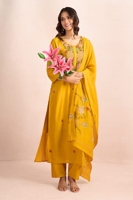 Shop_Samyukta Singhania_Yellow Embroidery Round Neck Floral Kurta Set _Online_at_Aza_Fashions