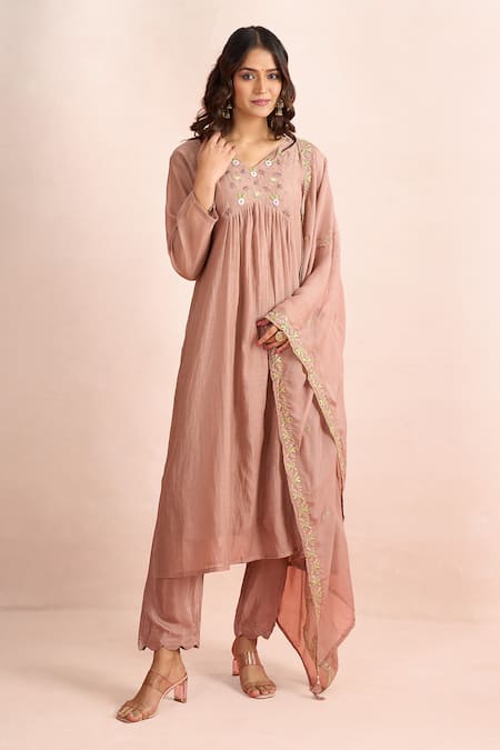 Buy Samyukta Singhania Brown Embroidery V-neck Placed Floret Kurta Set Online at Aza Fashions Buy_Samyukta Singhania_Brown Embroidery V-neck Placed Floret Kurta Set _Online_at_Aza_Fashions