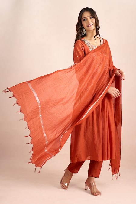 Shop_Samyukta Singhania_Orange Embroidery, Tassels Round Neck Floral Yoke Kurta Set _Online_at_Aza_Fashions