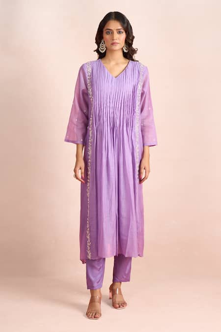 Shop_Samyukta Singhania_Purple Sequins, Embroidery, Tassels V-neck Front Pleated Mul Kurta Set _Online_at_Aza_Fashions