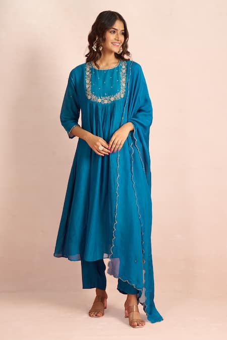 Shop_Samyukta Singhania_Blue Embroidery, Sequins, Stones Round Neck Floral Yoke Kurta Set _Online_at_Aza_Fashions