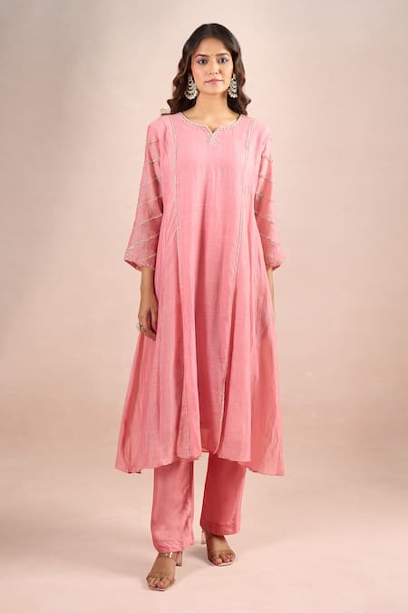 Shop_Samyukta Singhania_Pink Sequins, Lace Split V-neck Work Mul Kurta Set _Online_at_Aza_Fashions