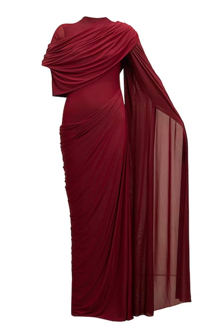 Deme By Gabriella_Wine Net High Neck Dianna Draped Maxi Dress With _Online_at_Aza_Fashions