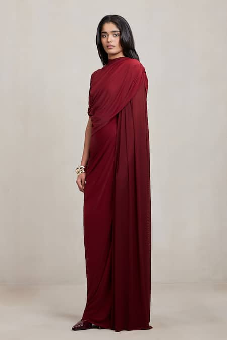 Buy_Deme By Gabriella_Wine Net High Neck Dianna Draped Maxi Dress With _Online_at_Aza_Fashions