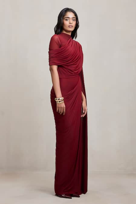 Shop_Deme By Gabriella_Wine Net High Neck Dianna Draped Maxi Dress With _Online_at_Aza_Fashions