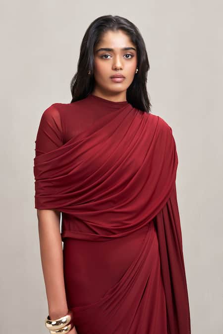 Buy_Deme By Gabriella_Wine Net High Neck Dianna Draped Maxi Dress With 