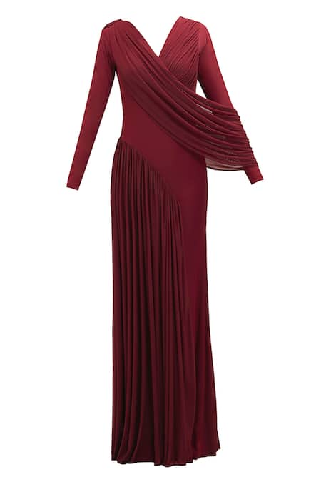 Deme By Gabriella_Wine Net V-neck Debra Draped V Maxi Dress _Online_at_Aza_Fashions