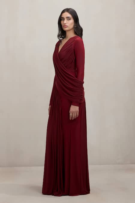 Buy_Deme By Gabriella_Wine Net V-neck Debra Draped V Maxi Dress _Online_at_Aza_Fashions