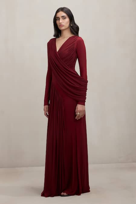 Shop_Deme By Gabriella_Wine Net V-neck Debra Draped V Maxi Dress _Online_at_Aza_Fashions