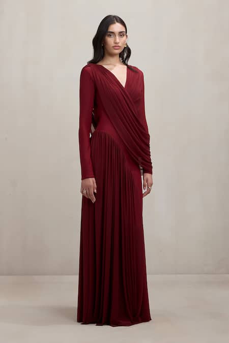 Deme By Gabriella_Wine Net V-neck Debra Draped V Maxi Dress _at_Aza_Fashions