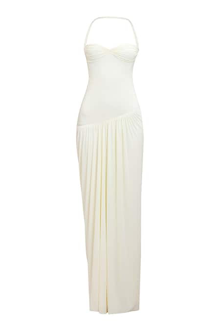 Deme By Gabriella_Off White Sweetheart Neck Marcia Malai Strapless Ruched Maxi Dress _Online_at_Aza_Fashions