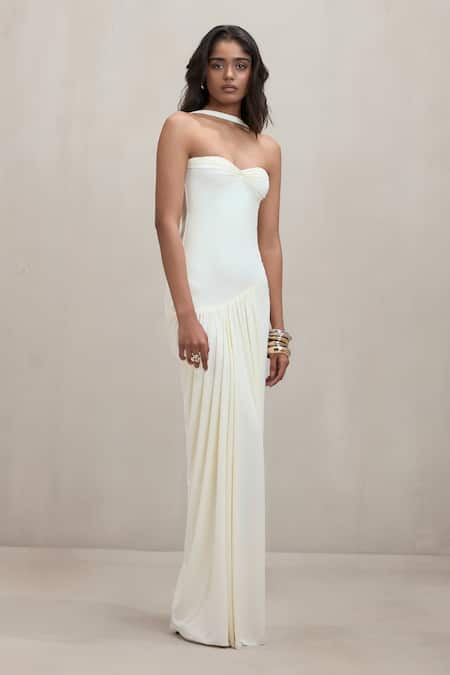 Buy_Deme By Gabriella_Off White Sweetheart Neck Marcia Malai Strapless Ruched Maxi Dress _Online_at_Aza_Fashions