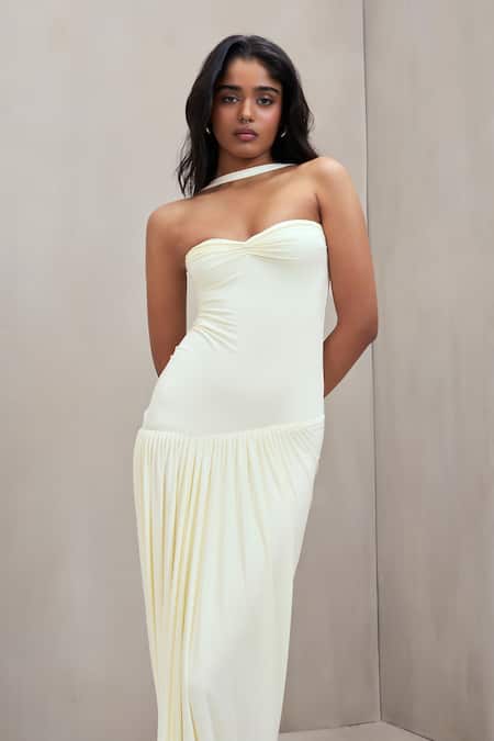 Deme By Gabriella_Off White Sweetheart Neck Marcia Malai Strapless Ruched Maxi Dress _at_Aza_Fashions