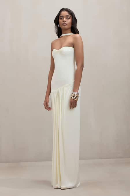 Buy_Deme By Gabriella_Off White Sweetheart Neck Marcia Malai Strapless Ruched Maxi Dress 