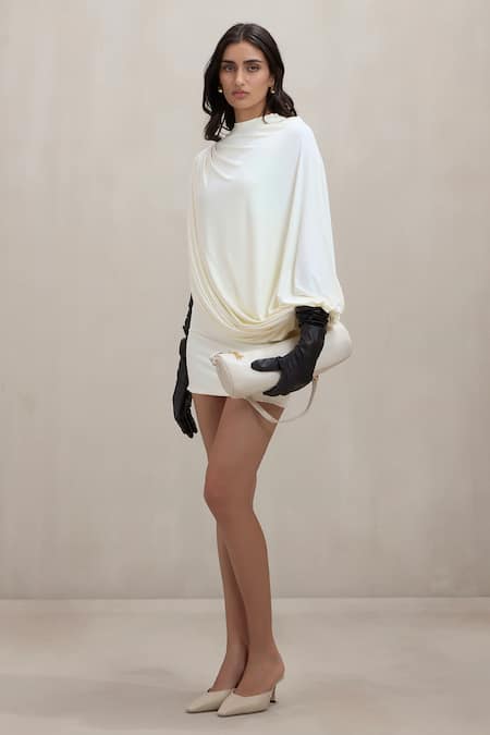 Buy_Deme By Gabriella_Off White High Neck Judith Draped Cowl Mini Dress _Online_at_Aza_Fashions