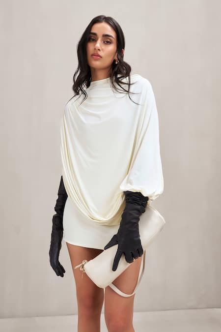 Shop_Deme By Gabriella_Off White High Neck Judith Draped Cowl Mini Dress _Online_at_Aza_Fashions
