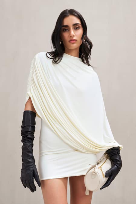 Buy_Deme By Gabriella_Off White High Neck Judith Draped Cowl Mini Dress 