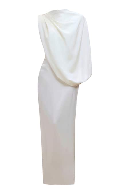 Deme By Gabriella_Off White Satin High Neck Talia Draped One Shoulder Maxi Dress _Online_at_Aza_Fashions