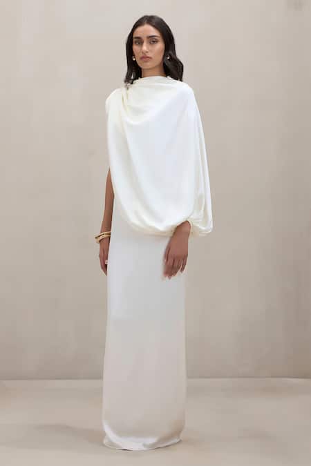 Buy_Deme By Gabriella_Off White Satin High Neck Talia Draped One Shoulder Maxi Dress _Online_at_Aza_Fashions