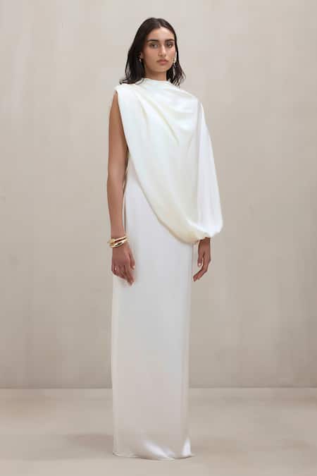Shop_Deme By Gabriella_Off White Satin High Neck Talia Draped One Shoulder Maxi Dress _Online_at_Aza_Fashions