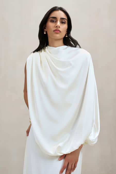 Deme By Gabriella_Off White Satin High Neck Talia Draped One Shoulder Maxi Dress _at_Aza_Fashions