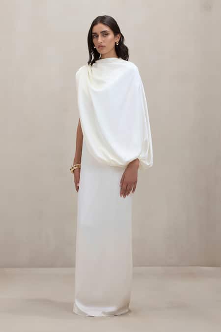 Buy_Deme By Gabriella_Off White Satin High Neck Talia Draped One Shoulder Maxi Dress 