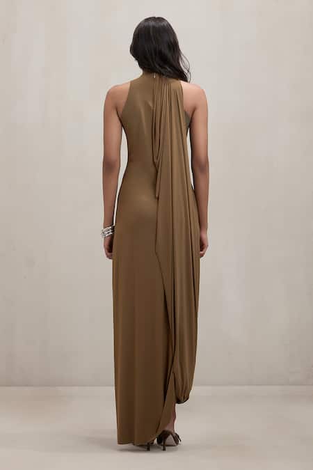 Deme By Gabriella Bridget Halter Neck Drape Slit Dress 