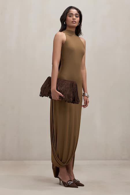 Buy_Deme By Gabriella_Olive Green High Neck Bridget Halter Drape Slit Dress _Online_at_Aza_Fashions